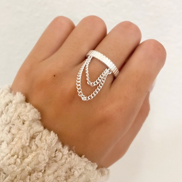 925 Sterling Silver Dangle Chain Drop Ring Minimalist Dainty Ring - Picture 3 of 7